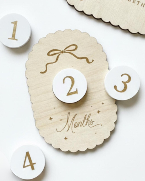 Personalized Baby Milestone Sign | Reversible Birch Wood, Scalloped Bow