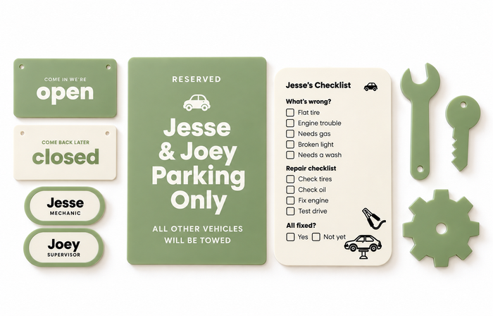 Personalized Pretend Play Garage Set – Custom Mechanic Signs for Kids