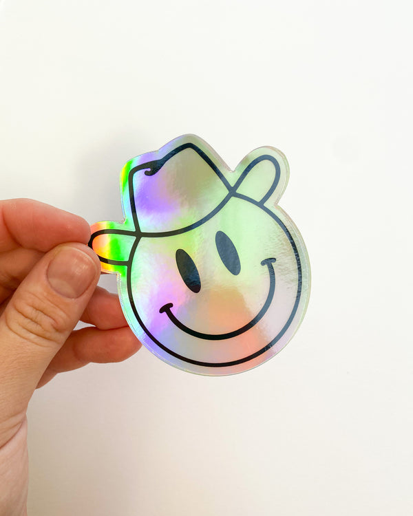 Cowboy Smiley Face Holographic Sticker