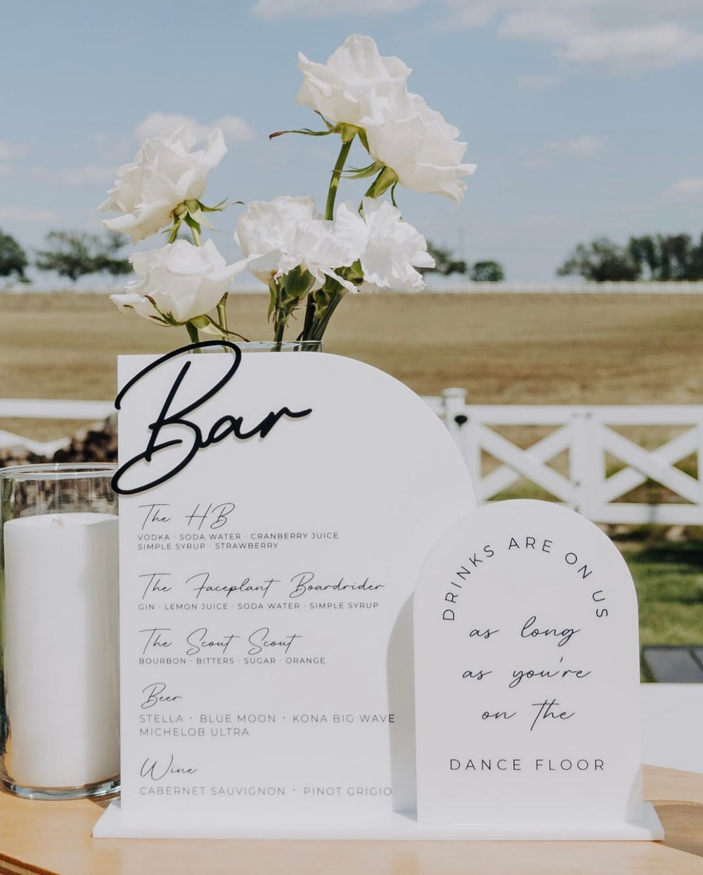 Double Arch Wedding Bar Menu – Crescent Acrylic Sign – detail view